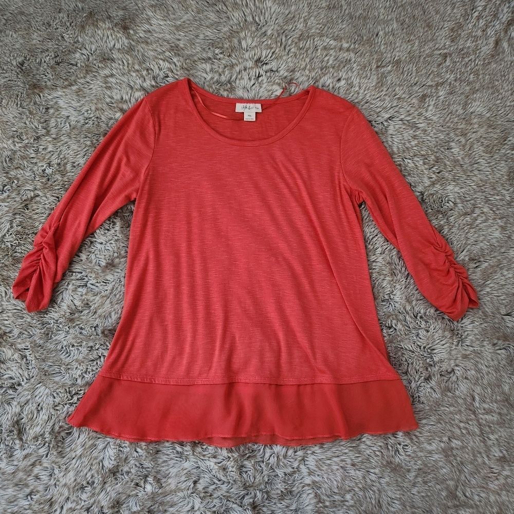 Style & Co Petite Ruched Sleeve Sheer Trim Tunic Top Red Petite Size Medium‎